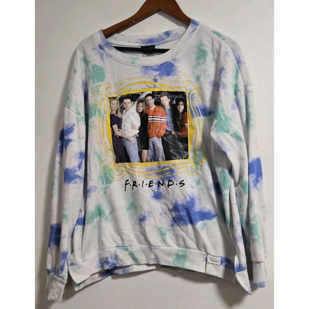 Friends Sweatshirt Women Juniors XL Cast TV Show Blue Aqua Tie Dye Split Hem